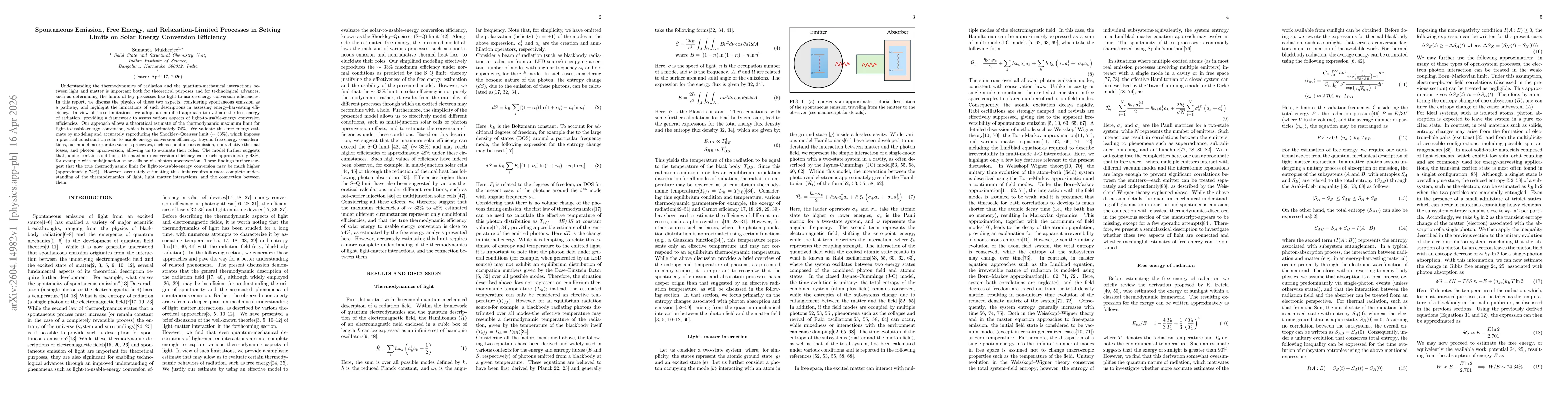 Thumbnail for Spontaneous Emission, Free Energy, and Relaxation-Limited Processes in Setting Limits on Solar Energy Conversion Efficiency