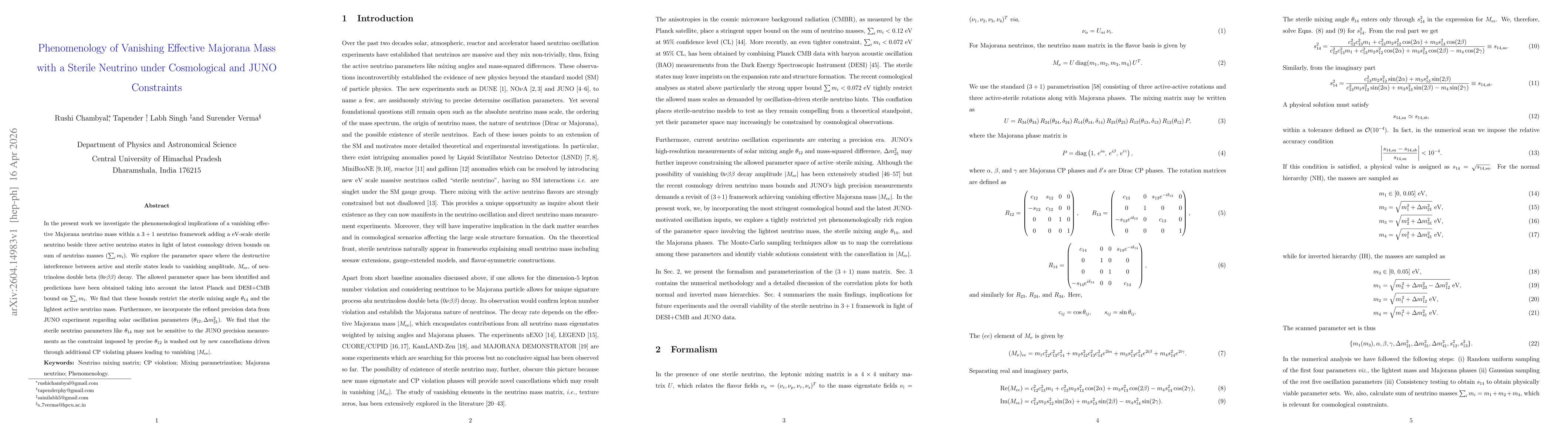 Thumbnail for Phenomenology of Vanishing Effective Majorana Mass with a Sterile Neutrino under Cosmological and JUNO Constraints