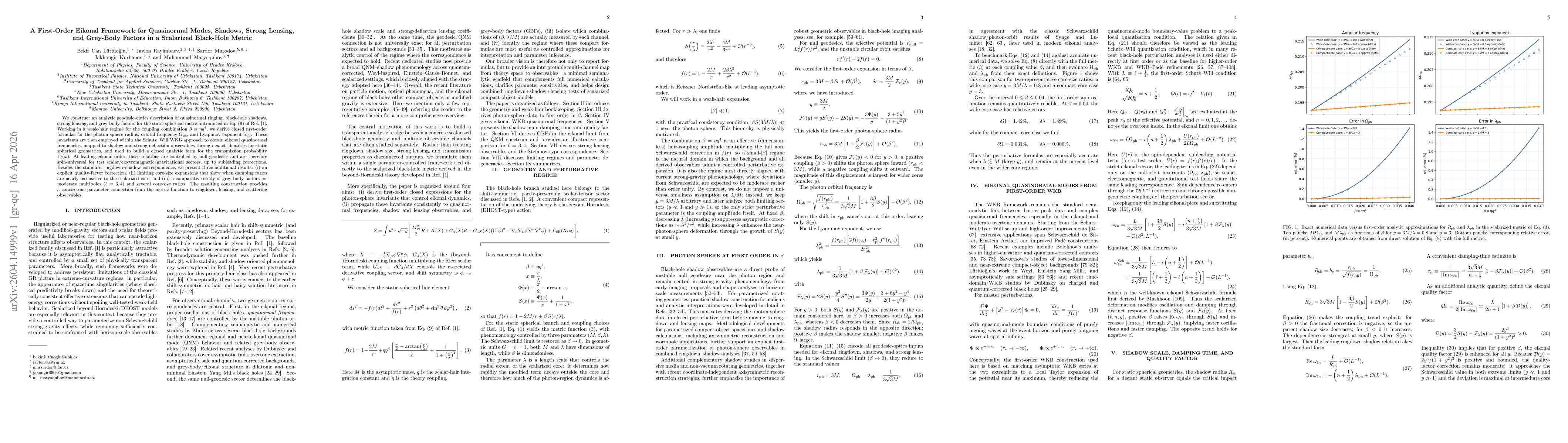 Thumbnail for A First-Order Eikonal Framework for Quasinormal Modes, Shadows, Strong Lensing, and Grey-Body Factors in a Scalarized Black-Hole Metric