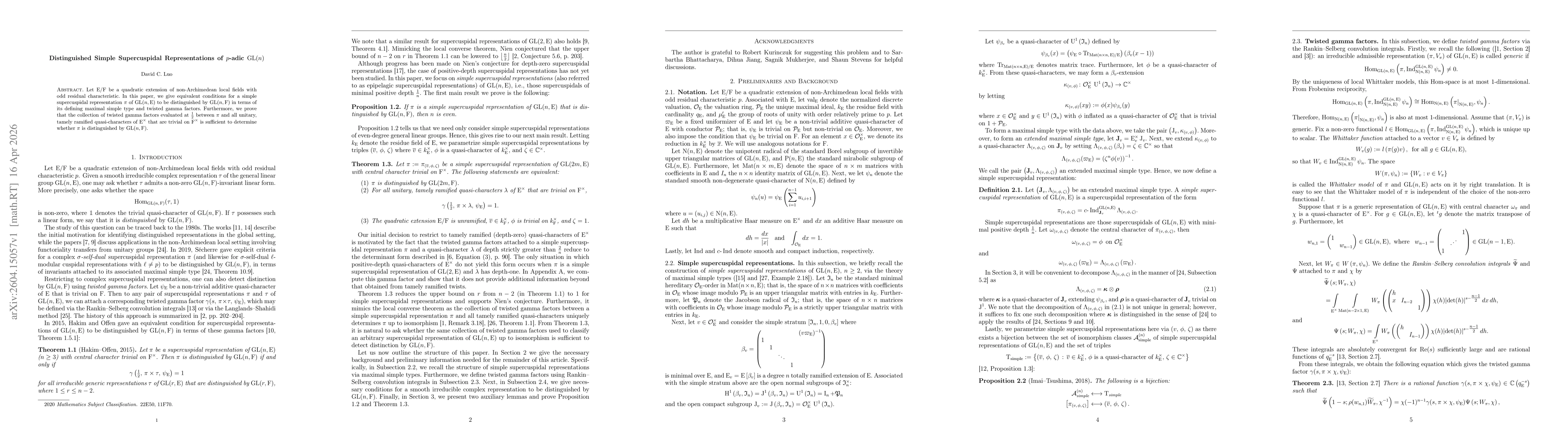 Thumbnail for Distinguished Simple Supercuspidal Representations of $p$-adic $\text{GL}(n)$