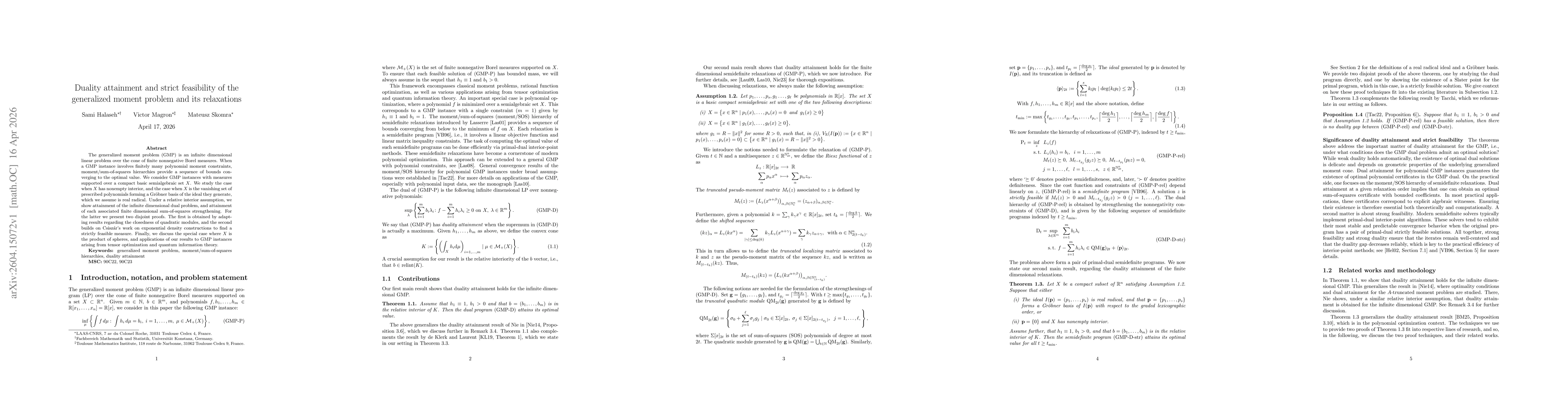 Thumbnail for Duality attainment and strict feasibility of the generalized moment problem and its relaxations