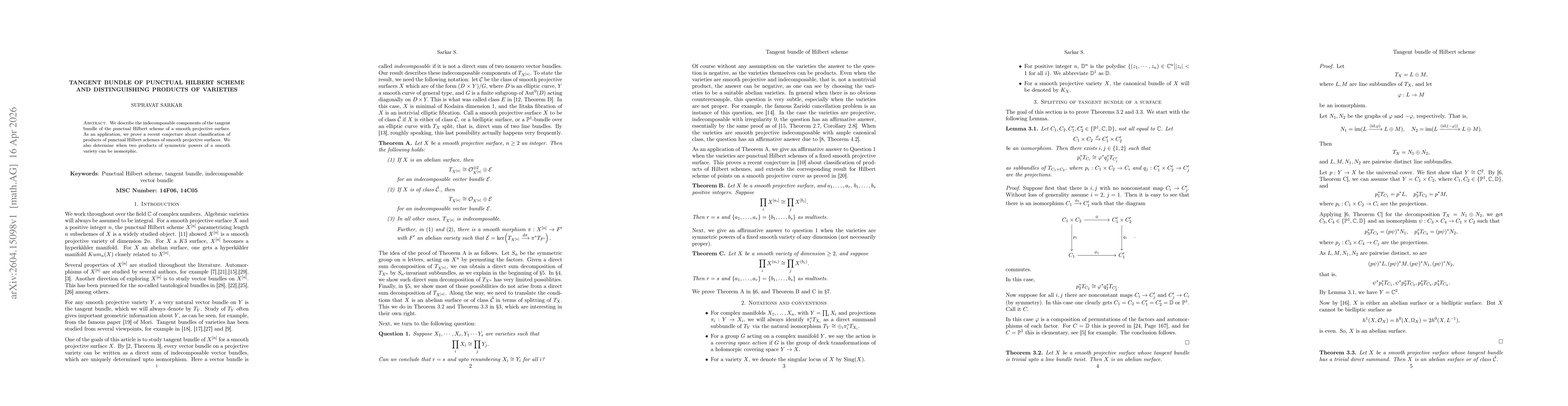 Thumbnail for Tangent bundle of punctual Hilbert scheme and distinguishing products of varieties
