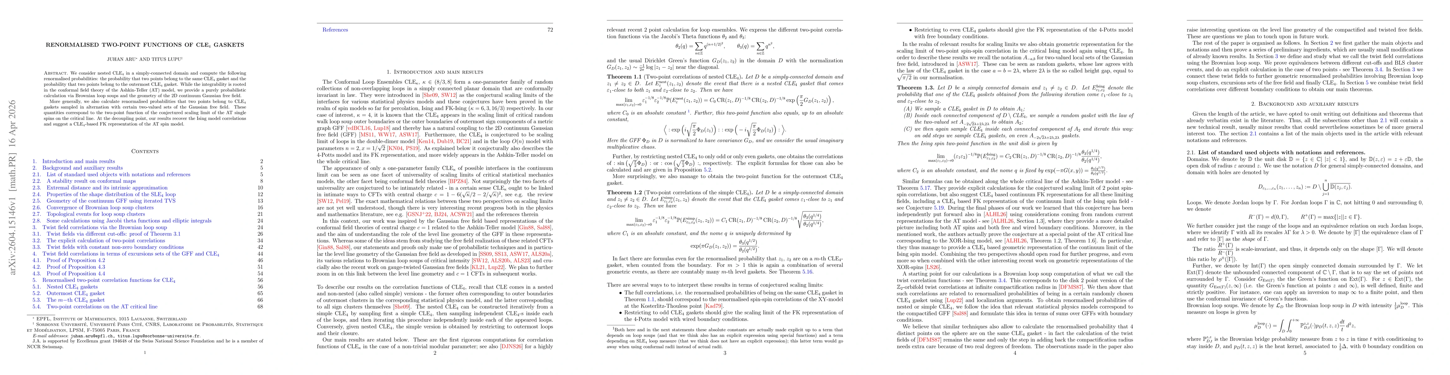 Thumbnail for Renormalised two-point functions of CLE$_4$ gaskets