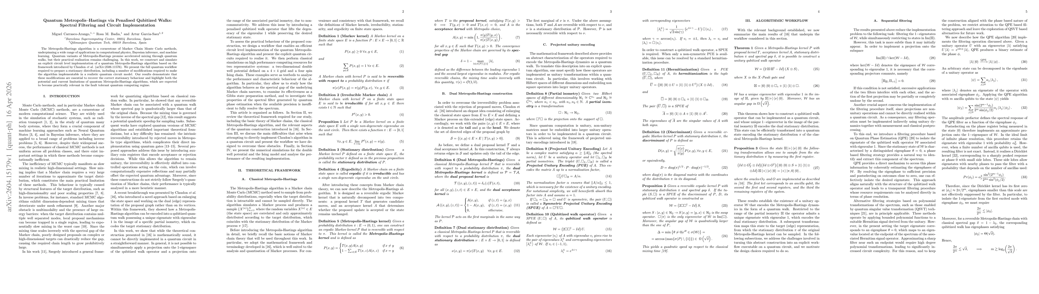 Thumbnail for Quantum Metropolis-Hastings via Penalised Qubitized Walks: Spectral Filtering and Circuit Implementation