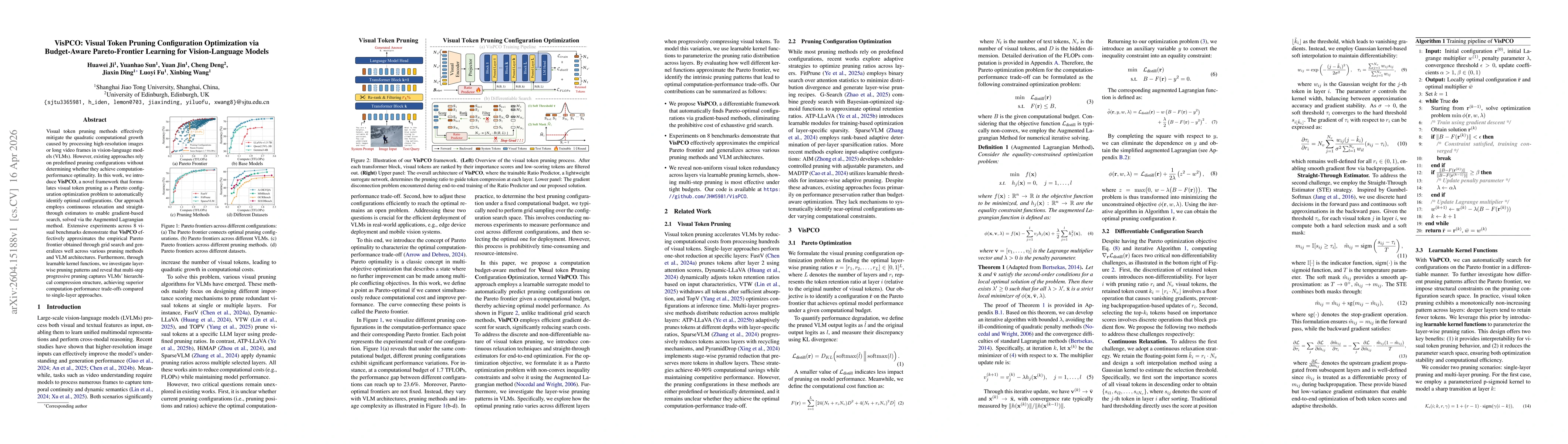Thumbnail for VisPCO: Visual Token Pruning Configuration Optimization via Budget-Aware Pareto-Frontier Learning for Vision-Language Models
