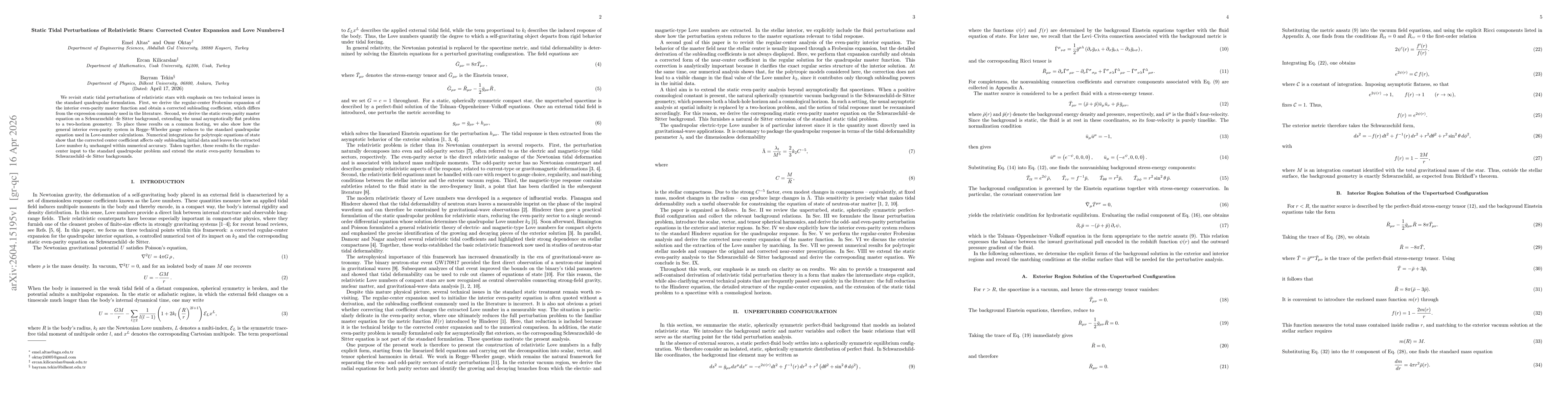 Thumbnail for Static Tidal Perturbations of Relativistic Stars: Corrected Center Expansion and Love Numbers-I