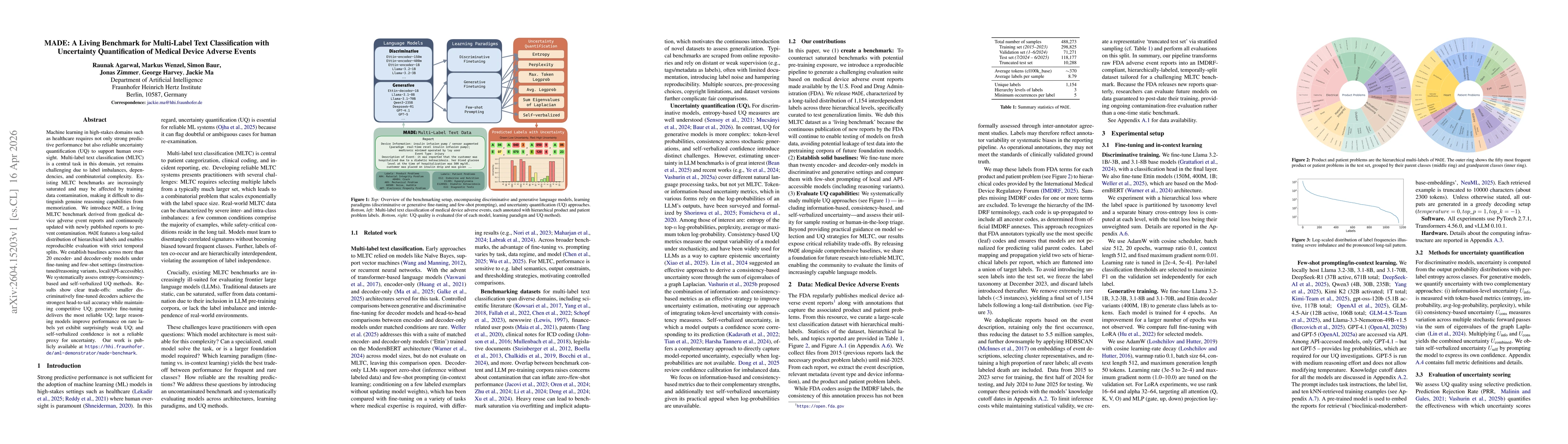 Thumbnail for MADE: A Living Benchmark for Multi-Label Text Classification with Uncertainty Quantification of Medical Device Adverse Events