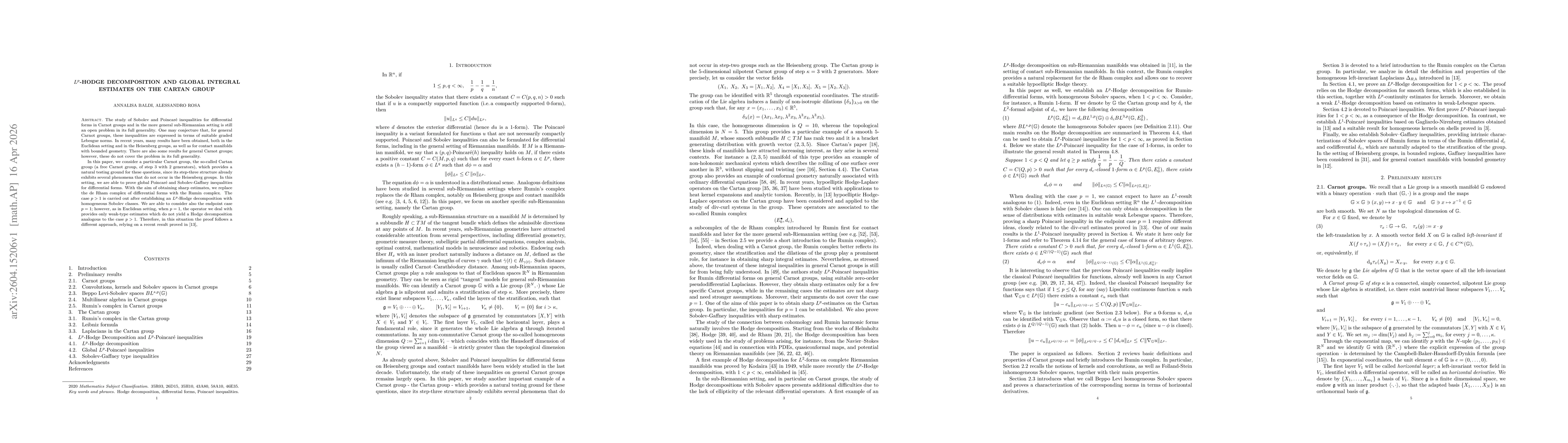 Thumbnail for $L^p$-Hodge decomposition and global integral estimates on the Cartan group