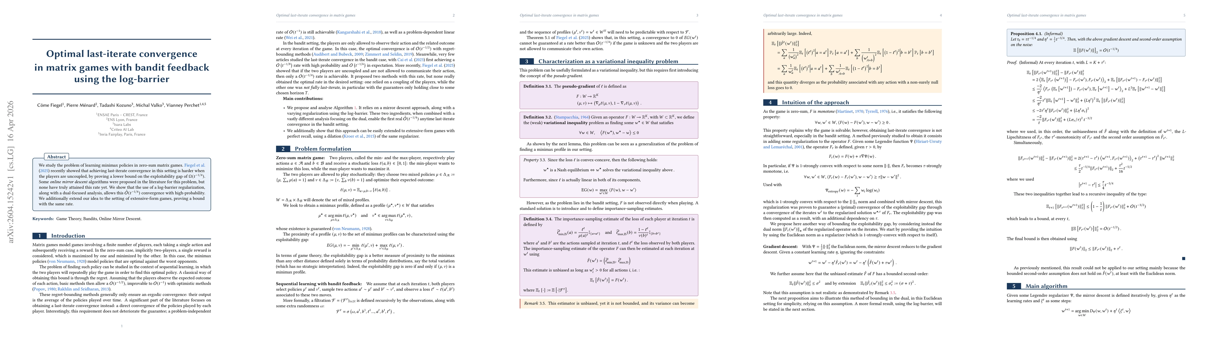 Thumbnail for Optimal last-iterate convergence in matrix games with bandit feedback using the log-barrier