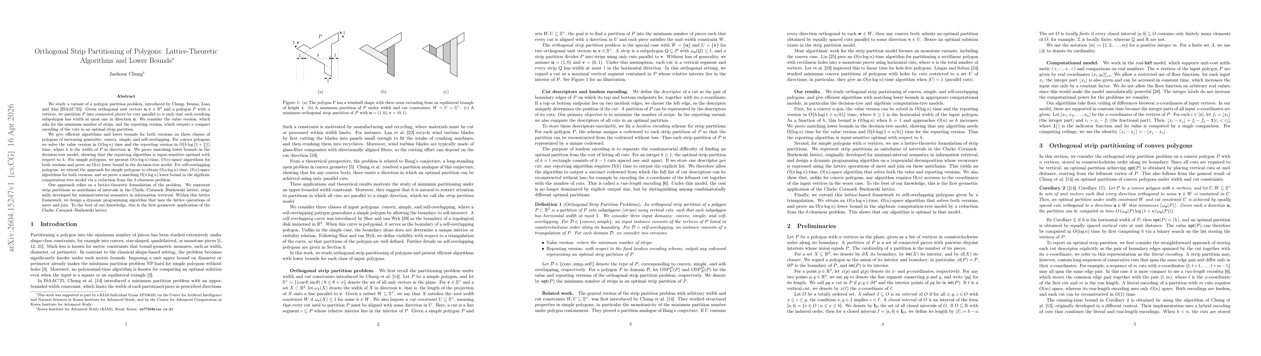 Thumbnail for Orthogonal Strip Partitioning of Polygons: Lattice-Theoretic Algorithms and Lower Bounds