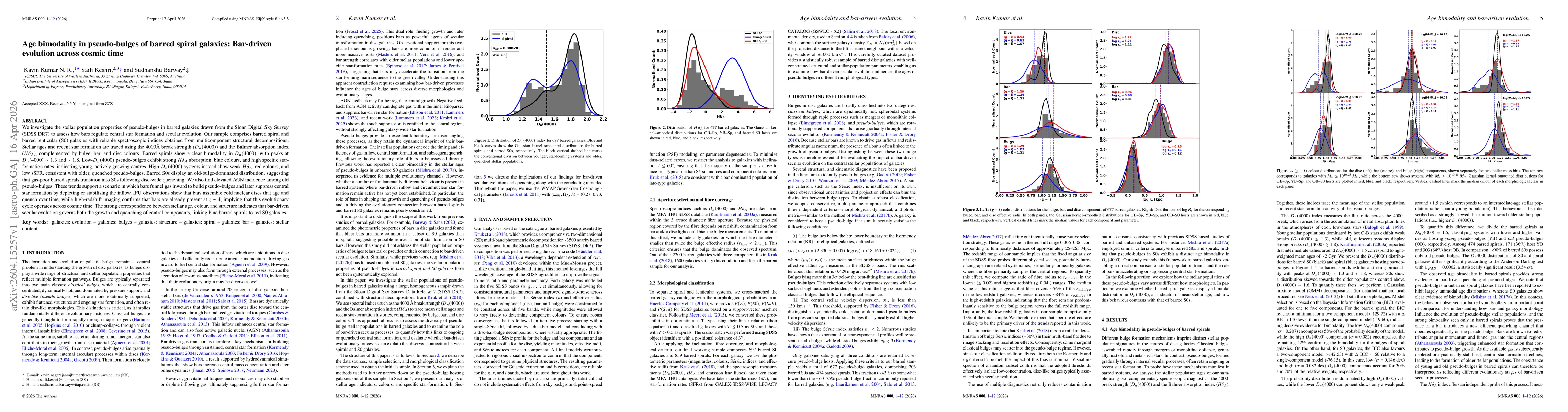 Thumbnail for Age bimodality in pseudo-bulges of barred spiral galaxies: Bar-driven evolution across cosmic time