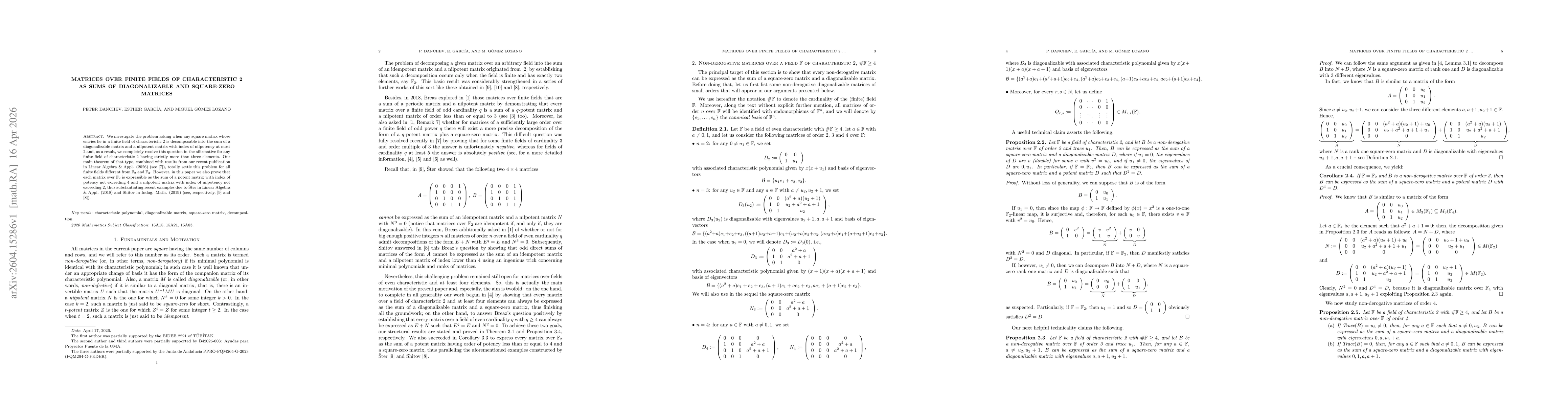 Thumbnail for Matrices over Finite Fields of Characteristic 2 as Sums of Diagonalizable and Square-Zero Matrices