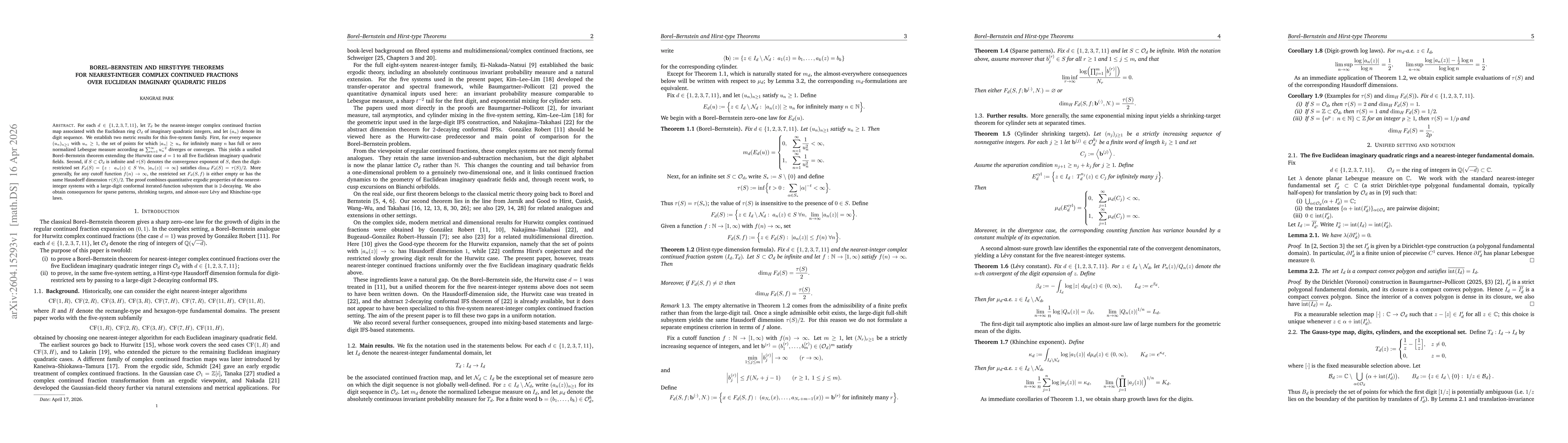Thumbnail for Borel--Bernstein and Hirst-type Theorems for Nearest-Integer Complex Continued Fractions over Euclidean Imaginary Quadratic Fields
