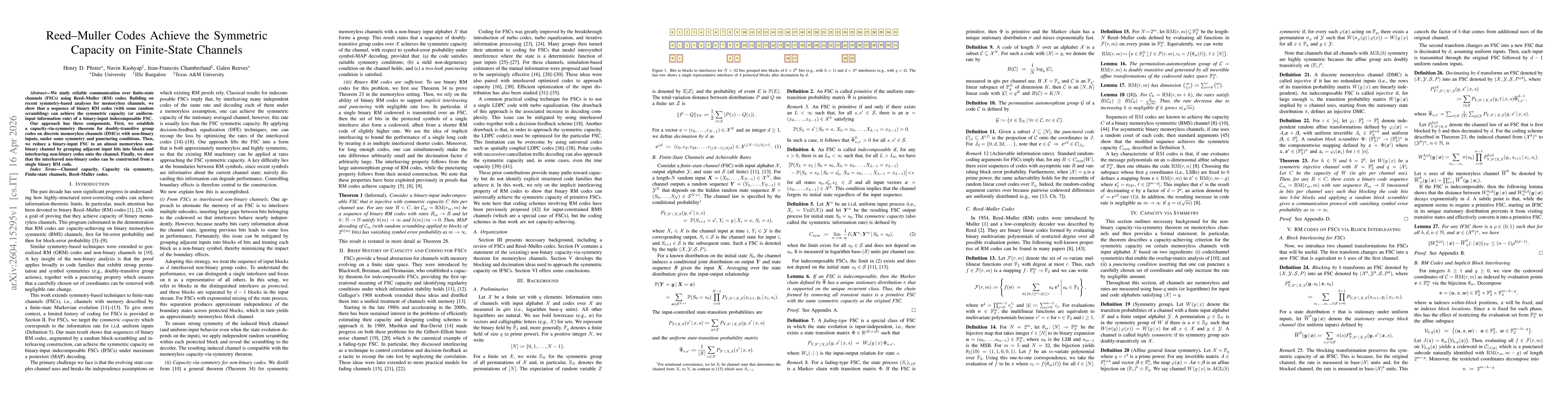 Thumbnail for Reed--Muller Codes Achieve the Symmetric Capacity on Finite-State Channels