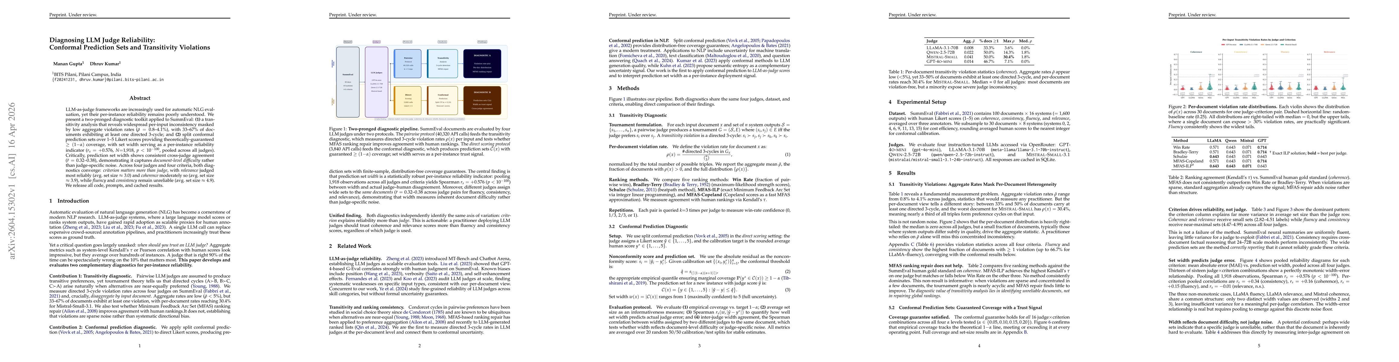 Thumbnail for Diagnosing LLM Judge Reliability: Conformal Prediction Sets and Transitivity Violations