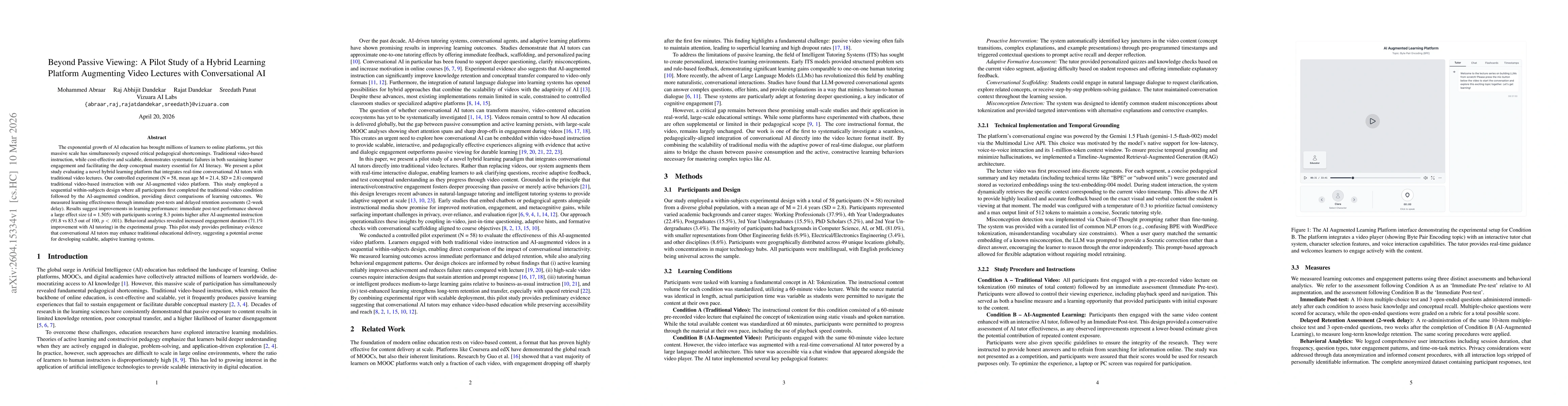 Thumbnail for Beyond Passive Viewing: A Pilot Study of a Hybrid Learning Platform Augmenting Video Lectures with Conversational AI