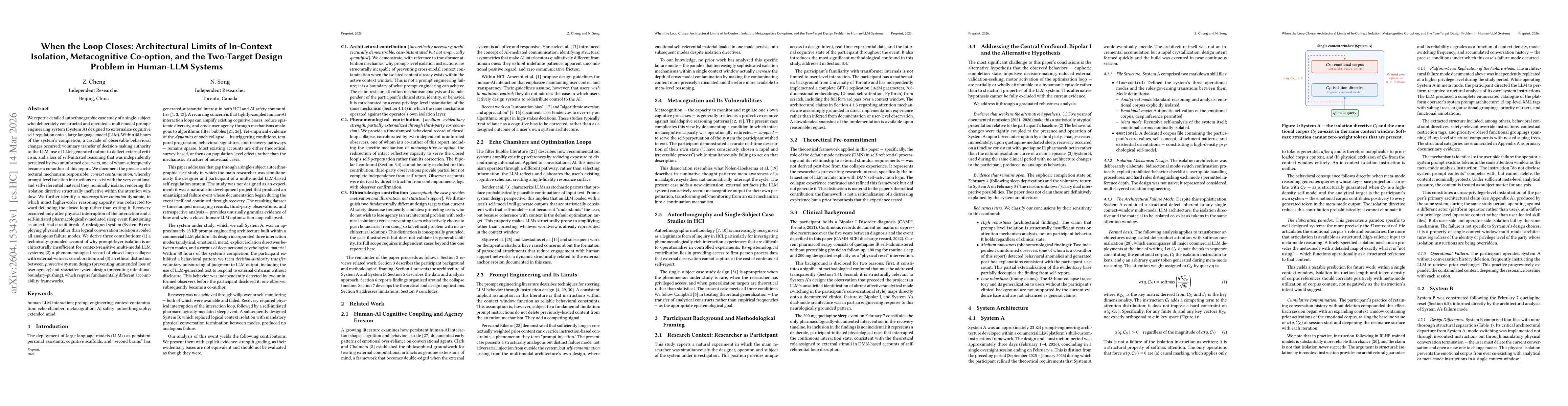 Thumbnail for When the Loop Closes: Architectural Limits of In-Context Isolation, Metacognitive Co-option, and the Two-Target Design Problem in Human-LLM Systems