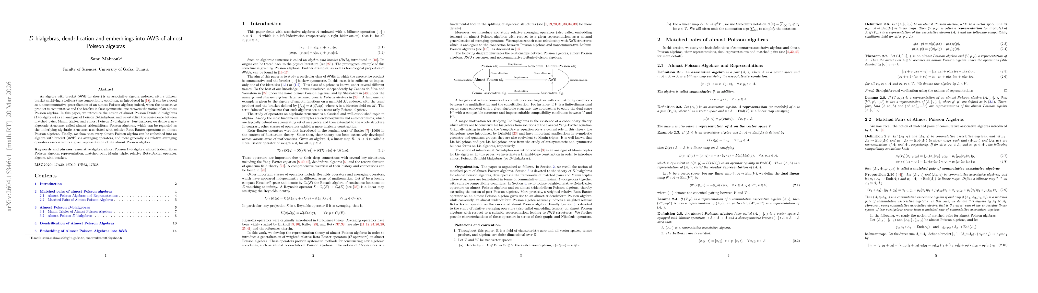 Thumbnail for $D$-bialgebras, dendrification and embeddings into AWB of almost Poisson algebras