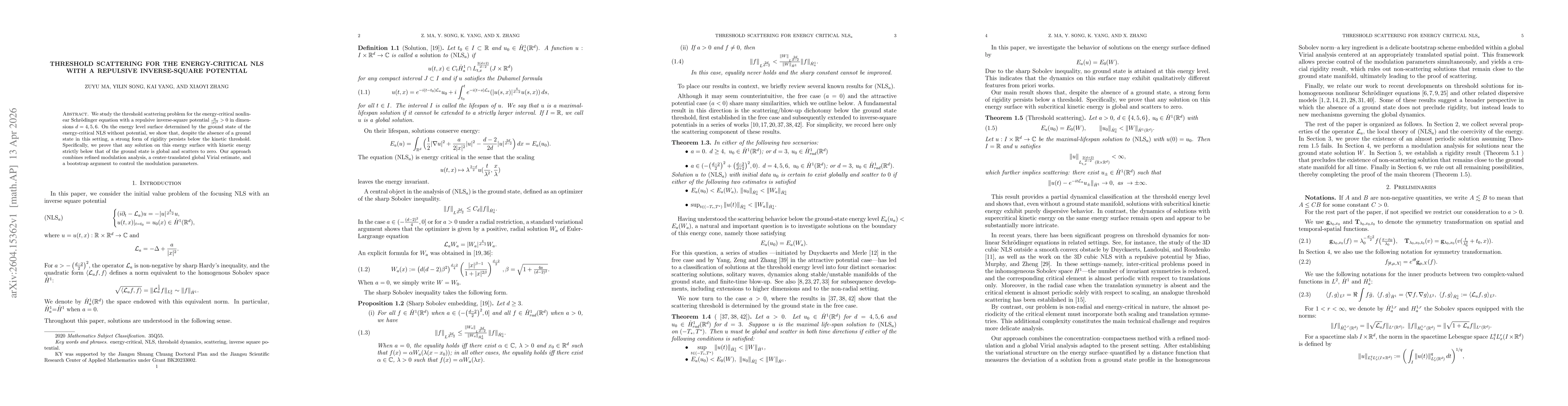 Thumbnail for Threshold Scattering for the Energy-Critical NLS with a Repulsive Inverse Square Potential