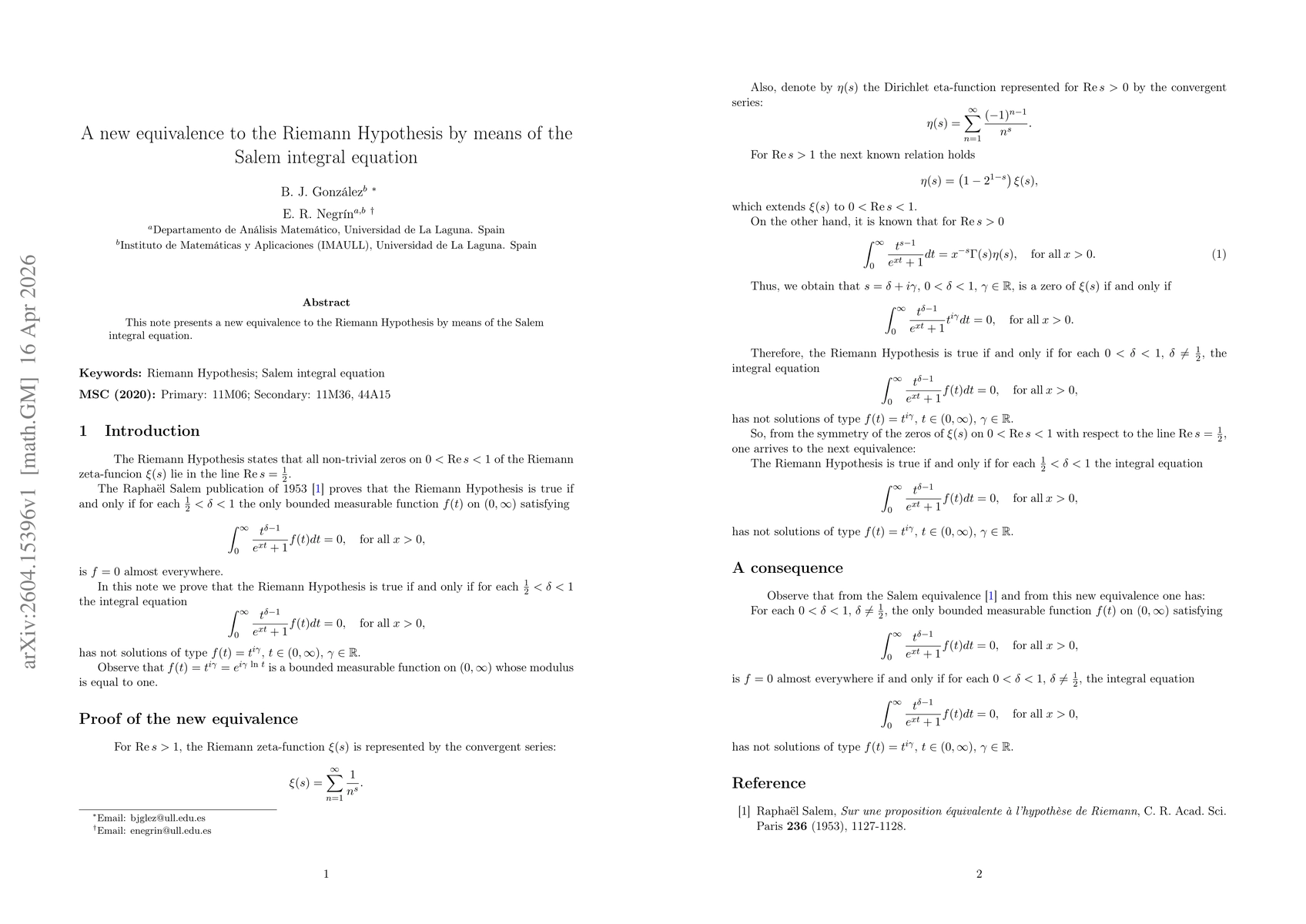 Thumbnail for A new equivalence to the Riemann Hypothesis by means of the Salem integral equation