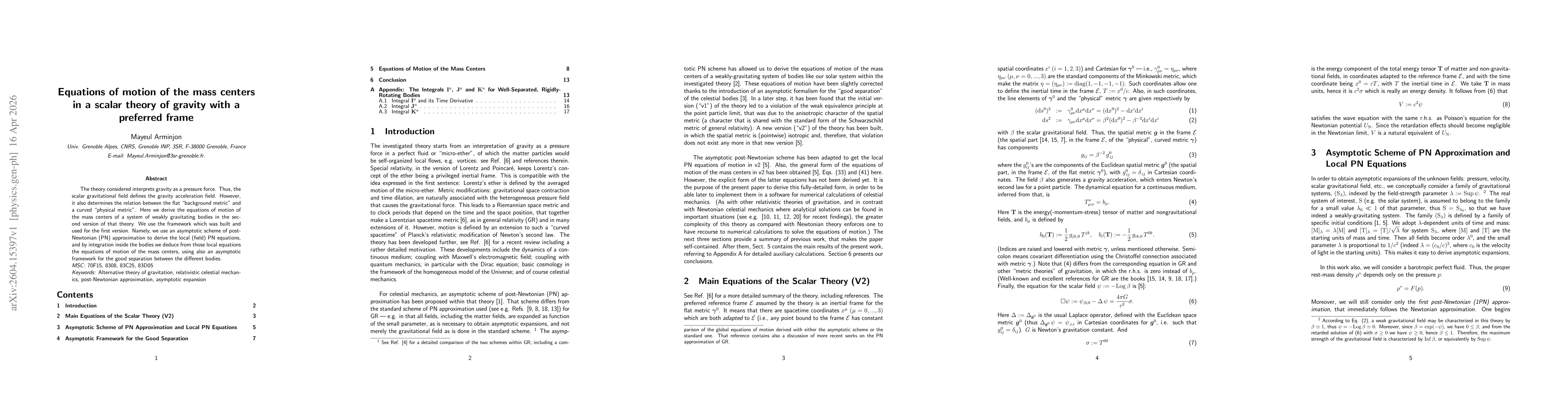 Thumbnail for Equations of motion of the mass centers in a scalar theory of gravity with a preferred frame