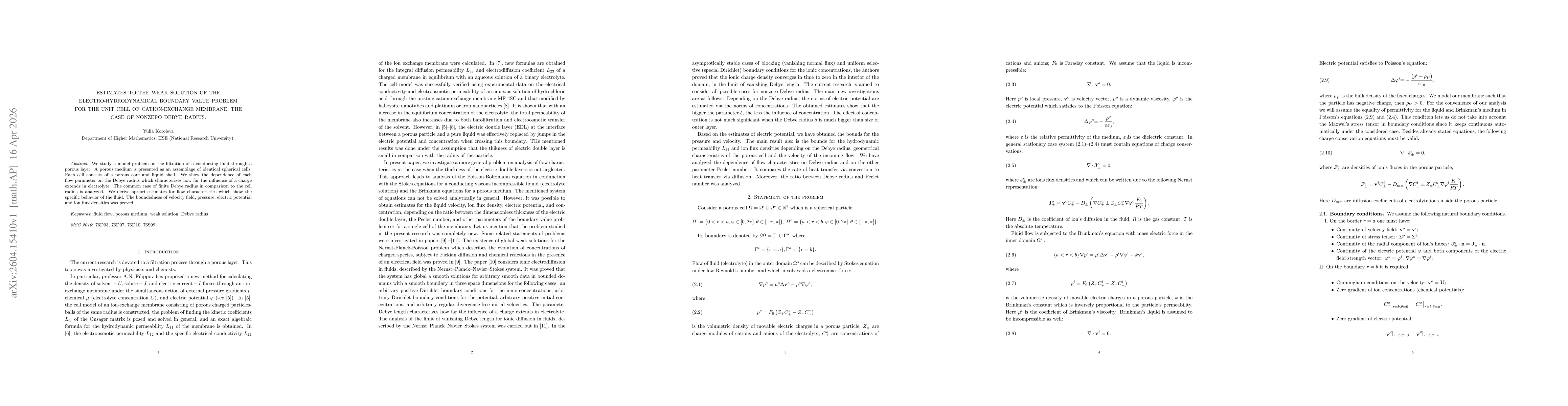 Thumbnail for Estimates to the weak solution of the electro-hydrodynamical boundary value problem for the unit cell of cation-exchange membrane