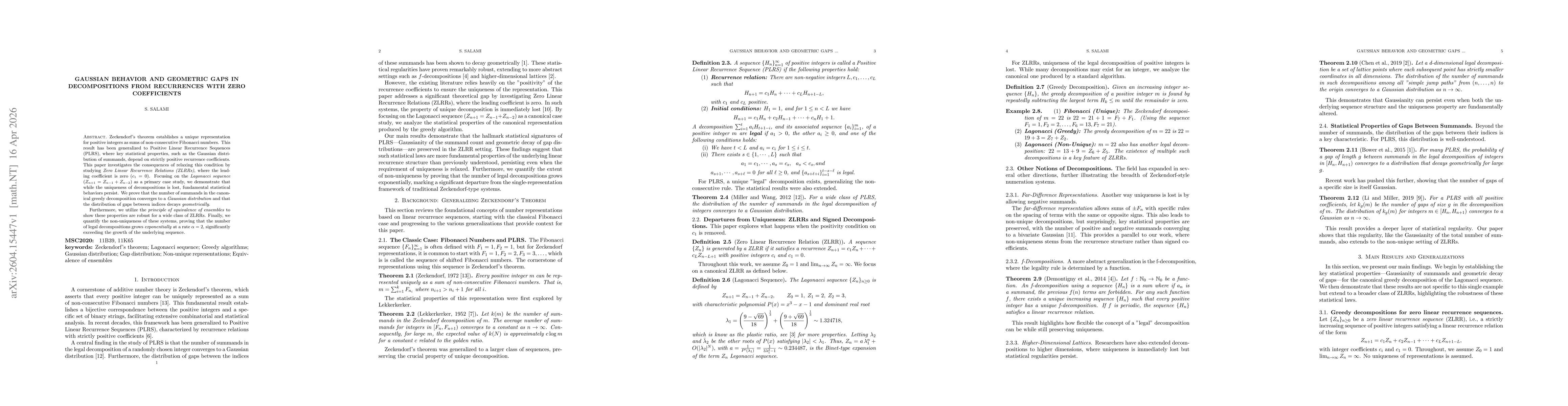 Thumbnail for Gaussian Behavior and Geometric Gaps in Decompositions from Recurrences with Zero Coefficients