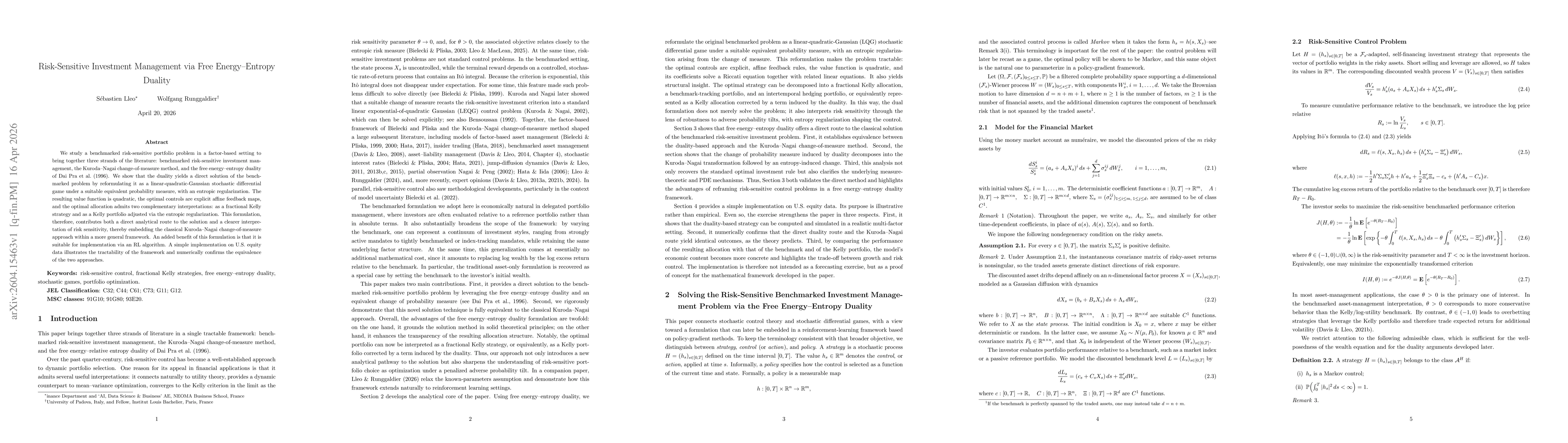 Thumbnail for Risk-Sensitive Investment Management via Free Energy-Entropy Duality