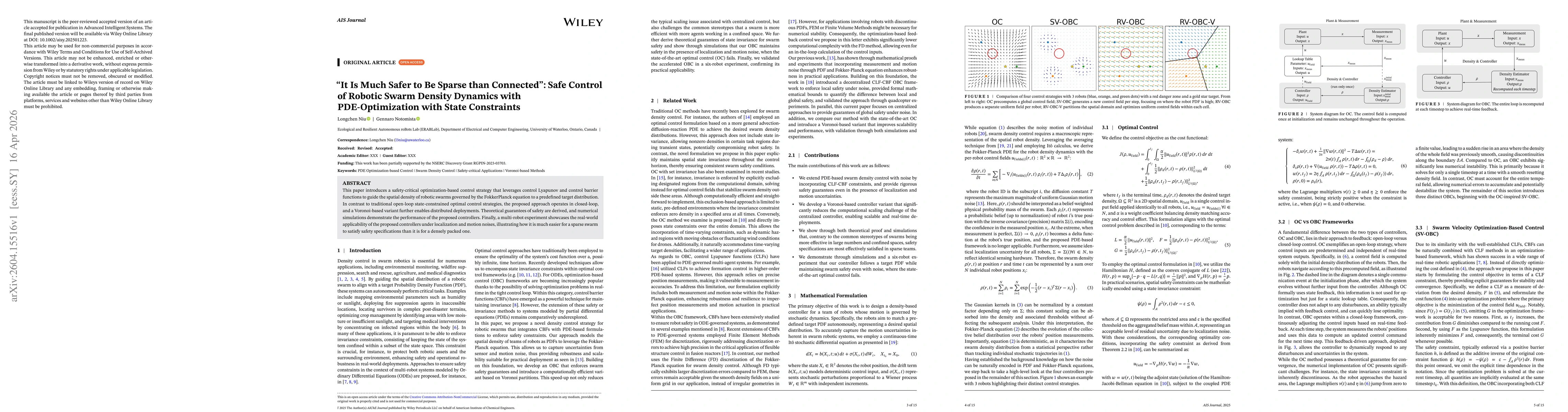 Thumbnail for ''It Is Much Safer to Be Sparse than Connected'': Safe Control of Robotic Swarm Density Dynamics with PDE-Optimization with State Constraints