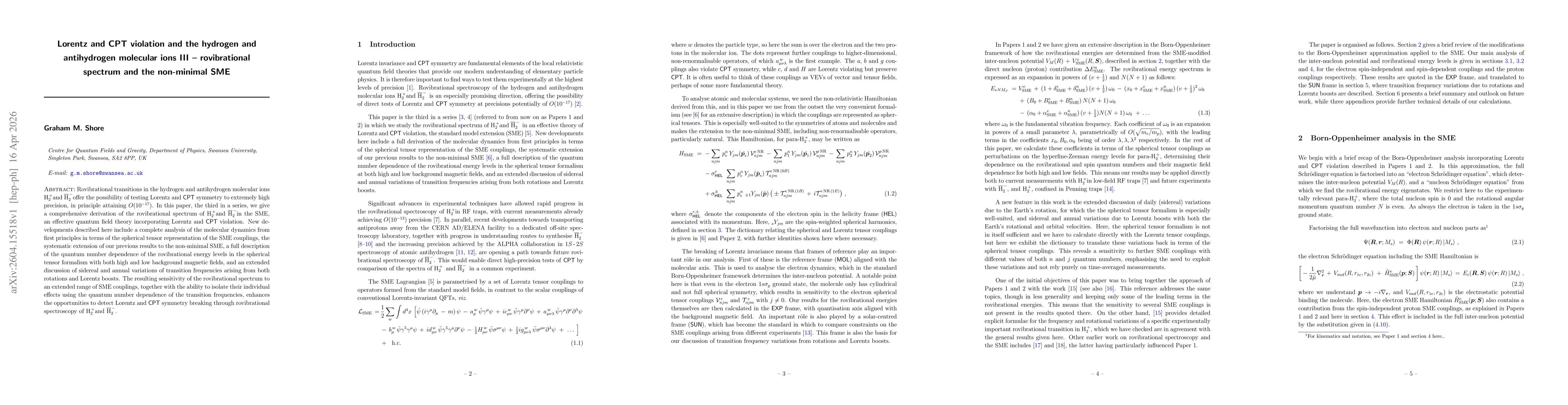 Thumbnail for Lorentz and CPT violation and the hydrogen and antihydrogen molecular ions III -- rovibrational spectrum and the non-minimal SME