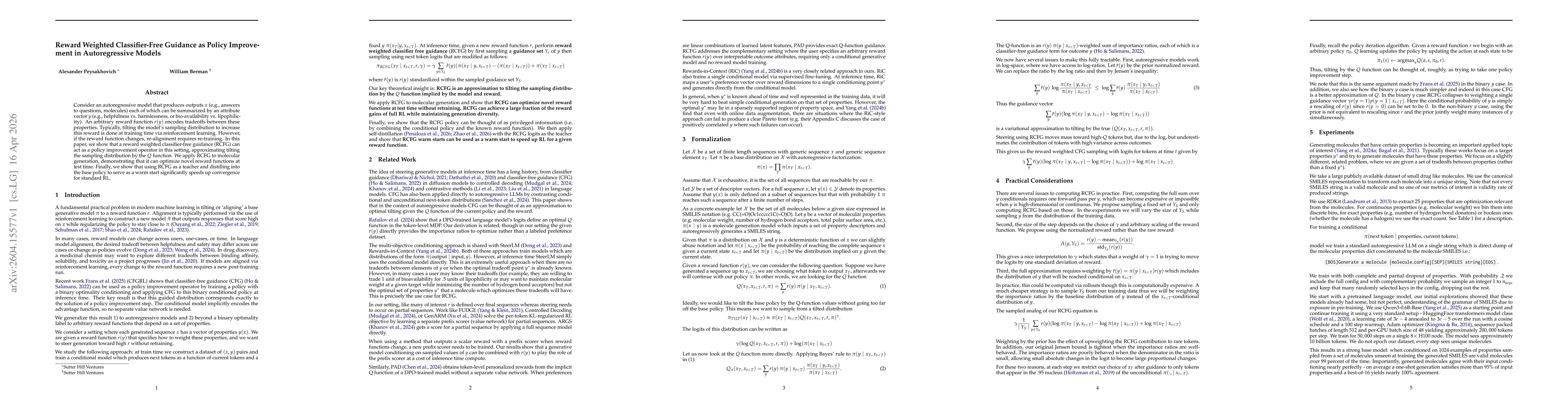 Thumbnail for Reward Weighted Classifier-Free Guidance as Policy Improvement in Autoregressive Models