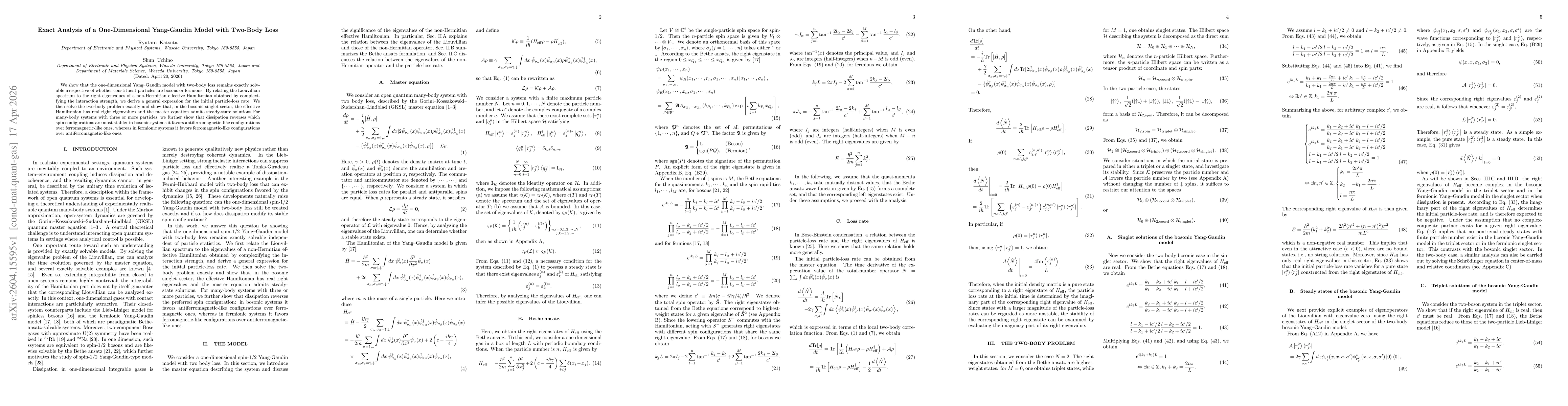Thumbnail for Exact Analysis of a One-Dimensional Yang-Gaudin Model with Two-Body Loss