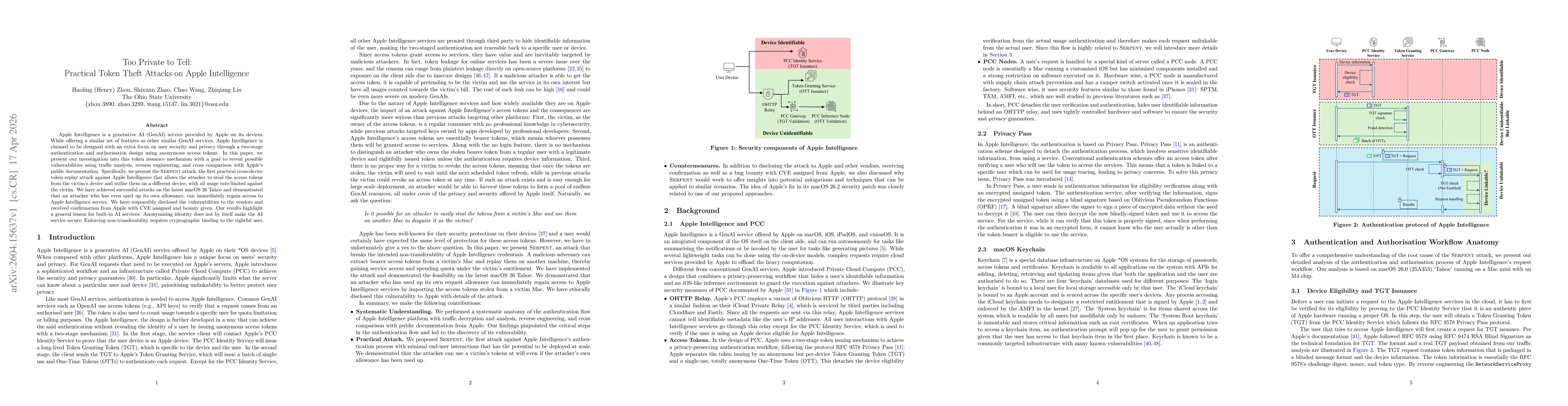 Thumbnail for Too Private to Tell: Practical Token Theft Attacks on Apple Intelligence