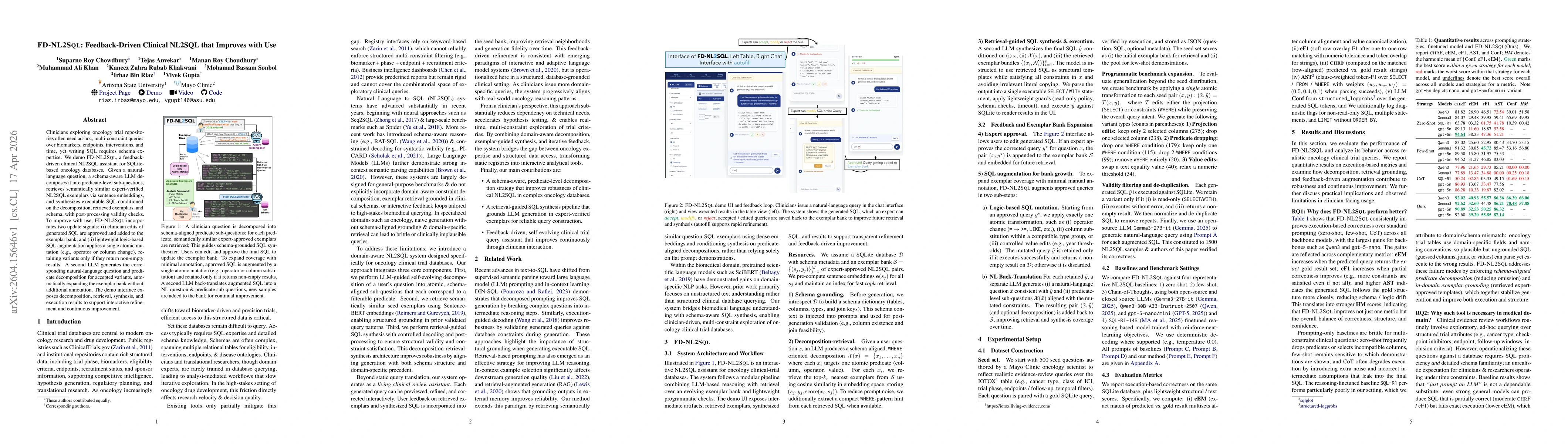 Thumbnail for FD-NL2SQL: Feedback-Driven Clinical NL2SQL that Improves with Use