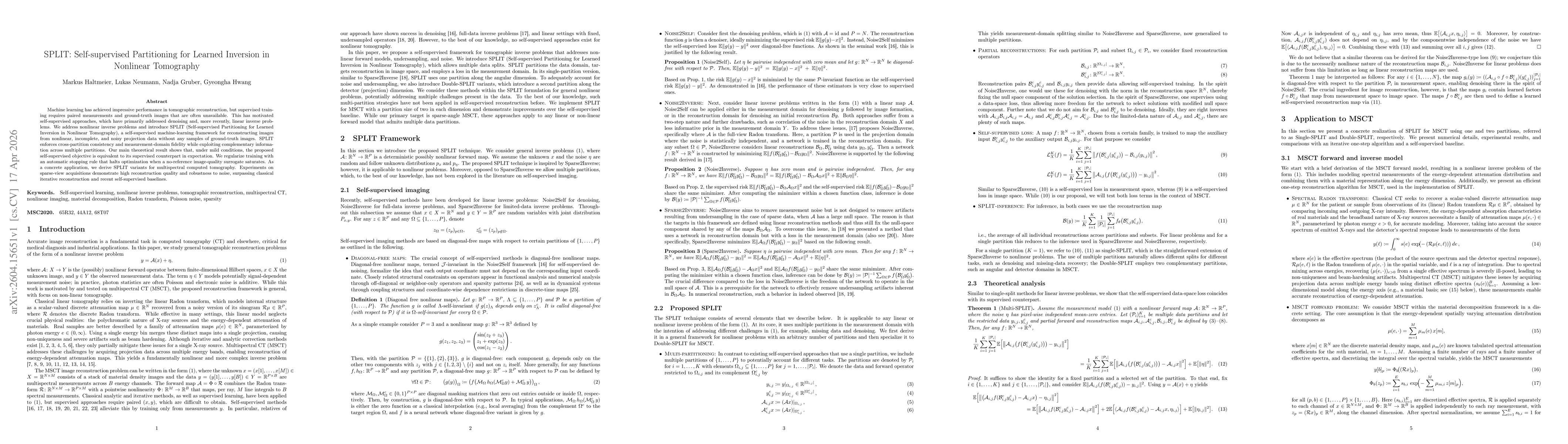 Thumbnail for SPLIT: Self-supervised Partitioning for Learned Inversion in Nonlinear Tomography