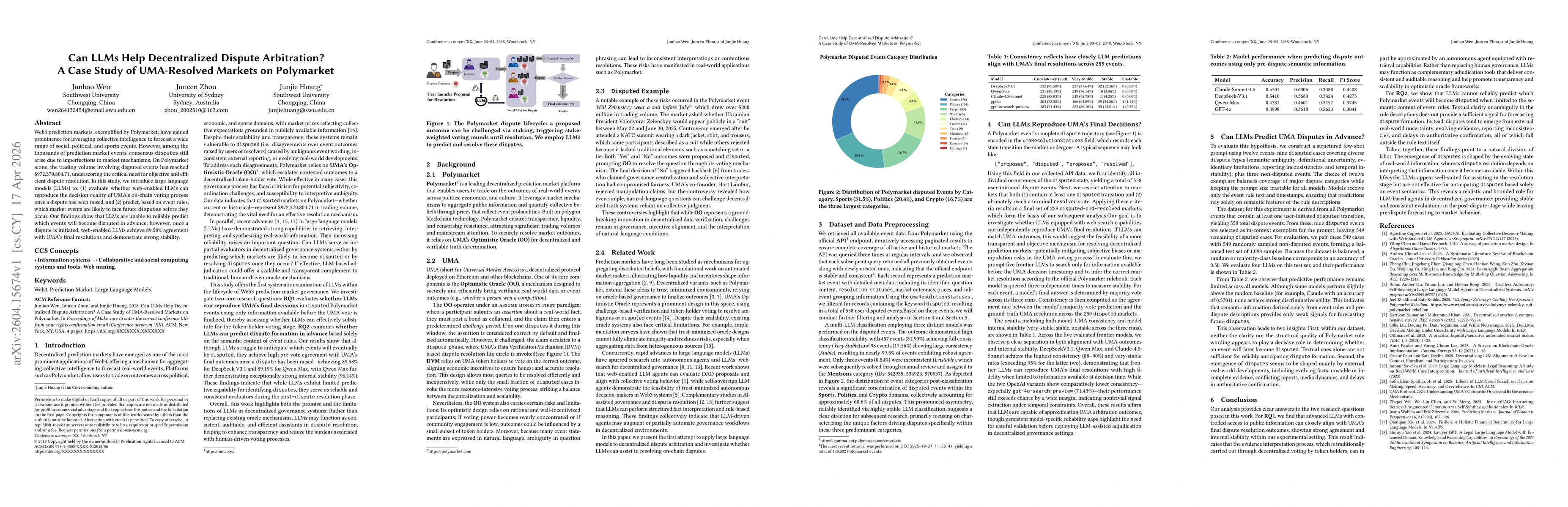 Thumbnail for Can LLMs Help Decentralized Dispute Arbitration? A Case Study of UMA-Resolved Markets on Polymarket