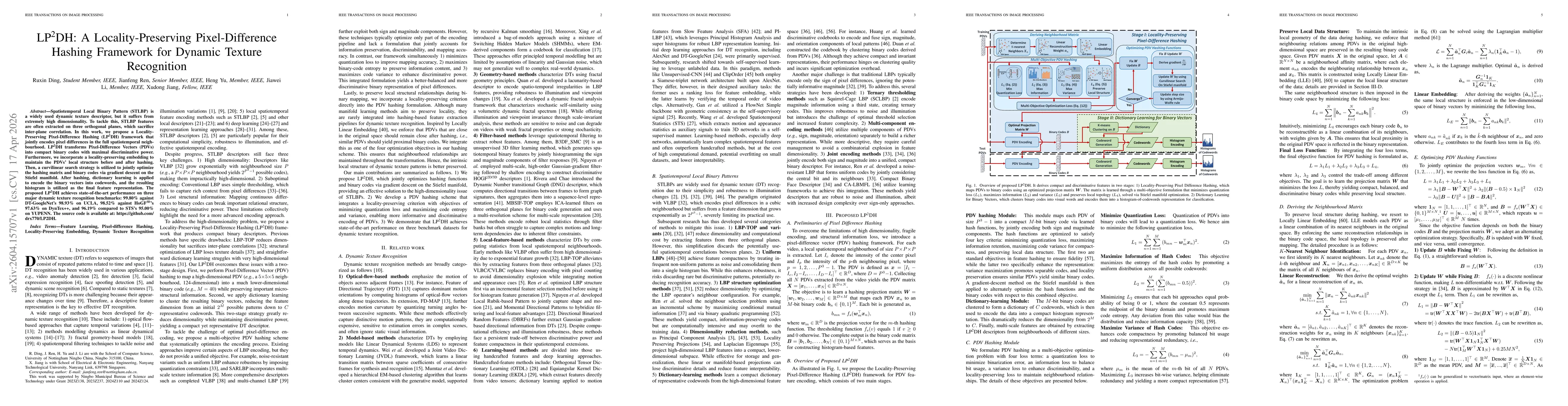Thumbnail for LP$^{2}$DH: A Locality-Preserving Pixel-Difference Hashing Framework for Dynamic Texture Recognition