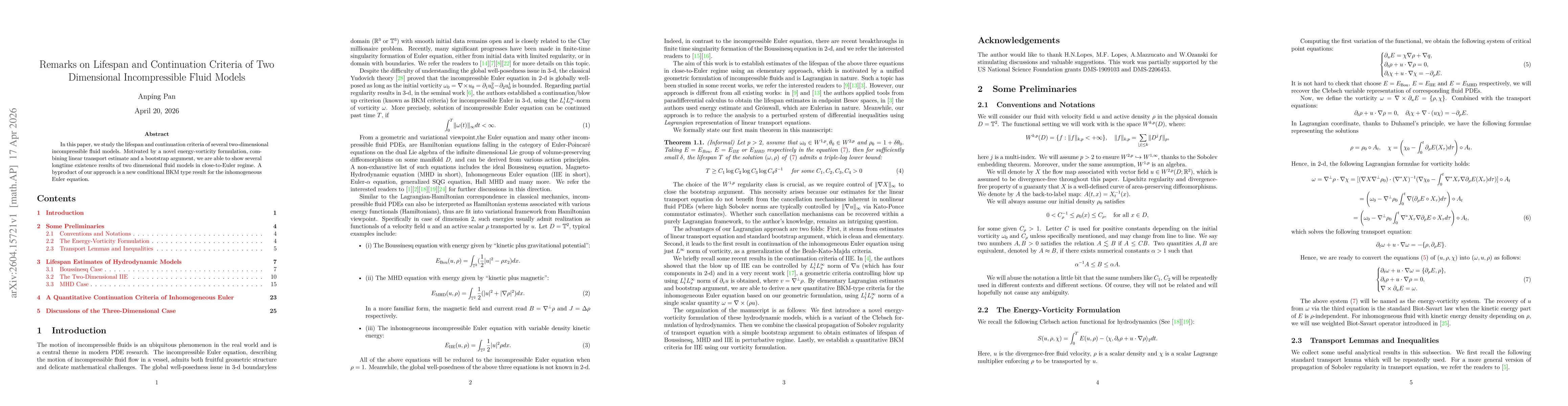 Thumbnail for Remarks on Lifespan and Continuation Criteria of Two Dimensional Incompressible Fluid Models