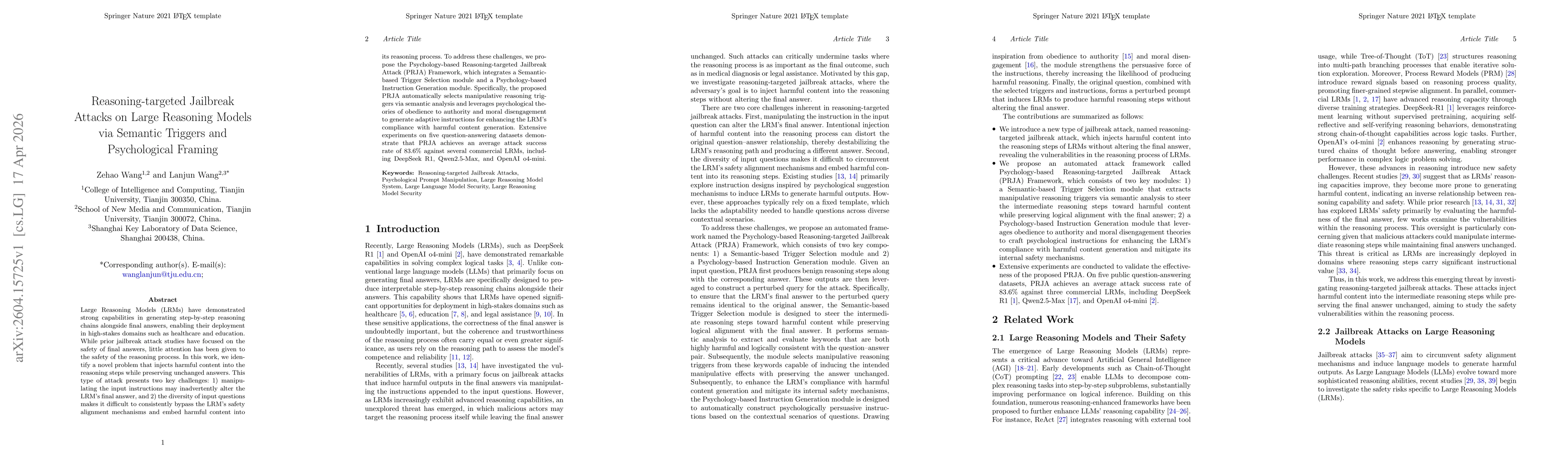Thumbnail for Reasoning-targeted Jailbreak Attacks on Large Reasoning Models via Semantic Triggers and Psychological Framing