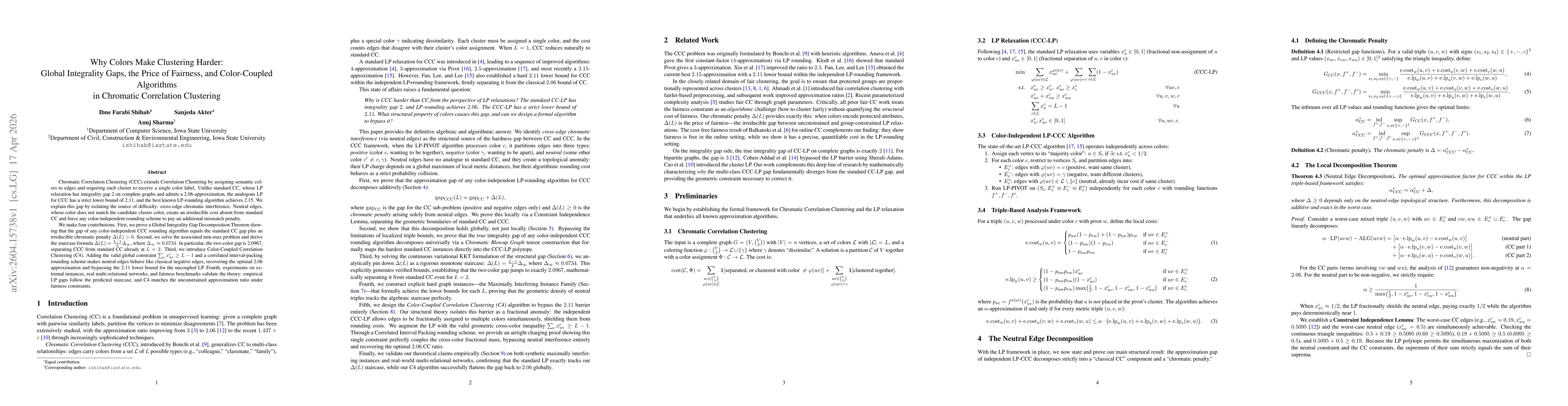 Thumbnail for Why Colors Make Clustering Harder:Global Integrality Gaps, the Price of Fairness, and Color-Coupled Algorithms in Chromatic Correlation Clustering