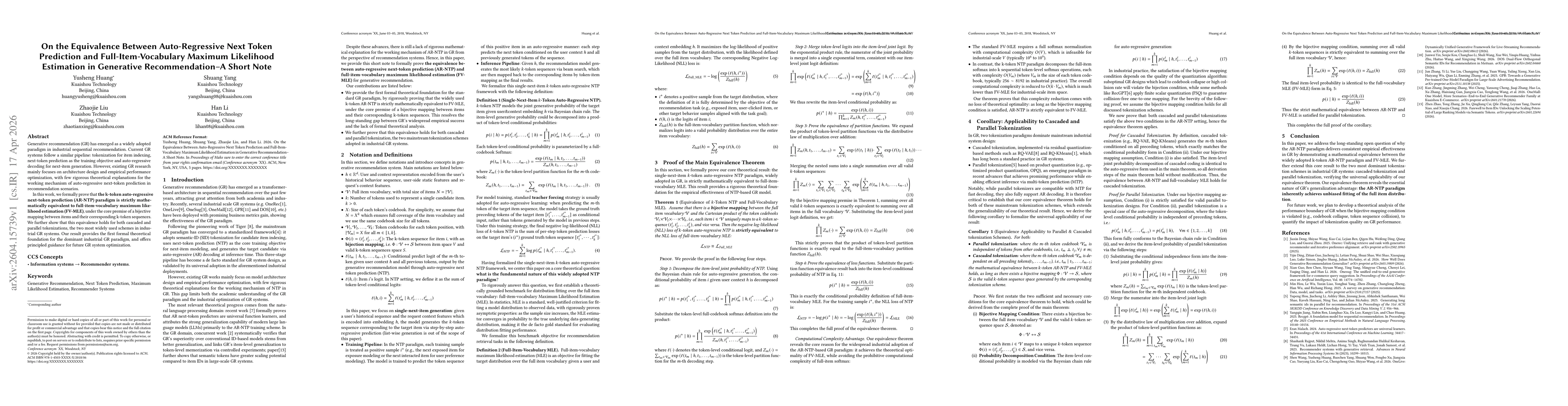 Thumbnail for On the Equivalence Between Auto-Regressive Next Token Prediction and Full-Item-Vocabulary Maximum Likelihood Estimation in Generative Recommendation--A Short Note
