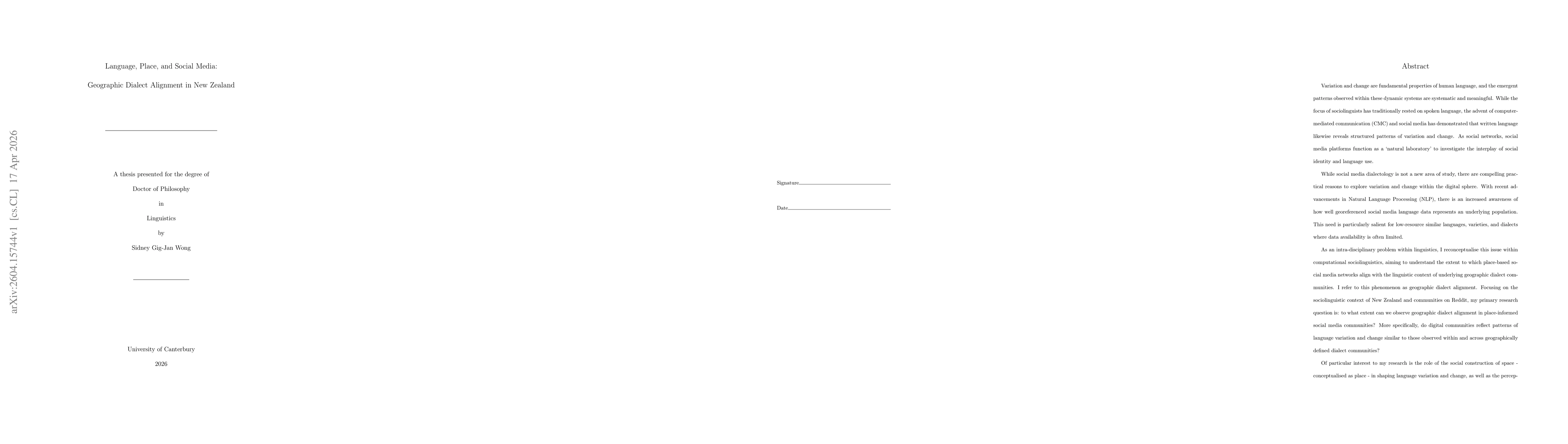 Thumbnail for Language, Place, and Social Media: Geographic Dialect Alignment in New Zealand