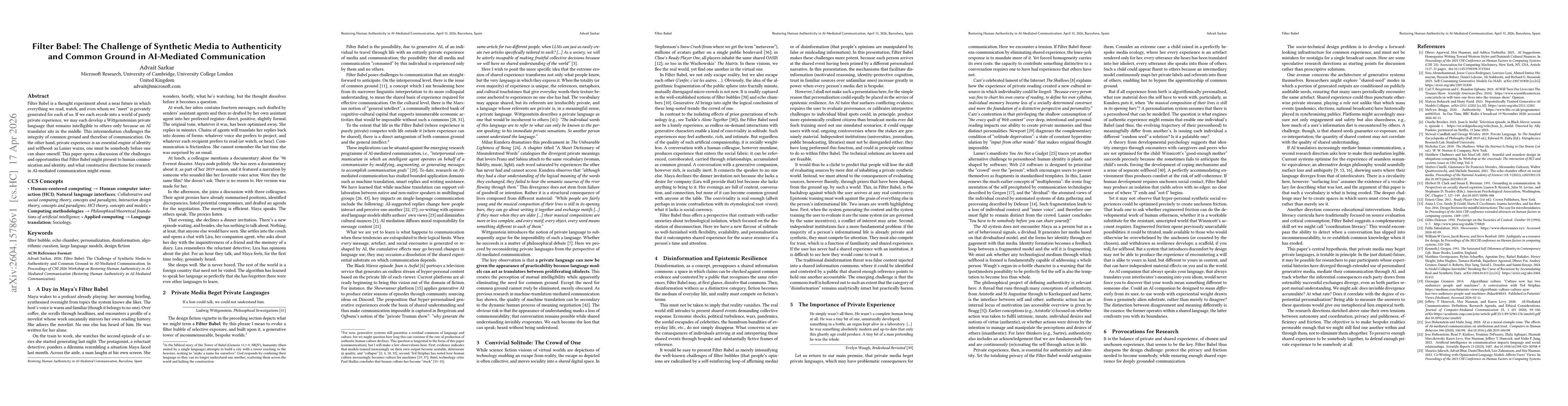 Thumbnail for Filter Babel: The Challenge of Synthetic Media to Authenticity and Common Ground in AI-Mediated Communication