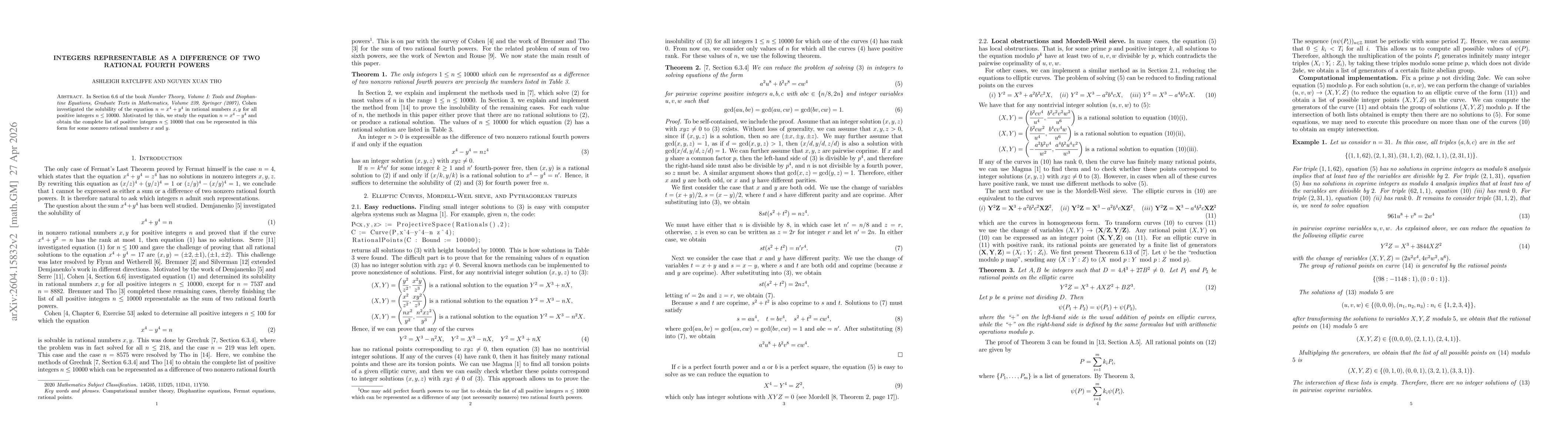Thumbnail for Integers representable as a difference of two rational fourth powers