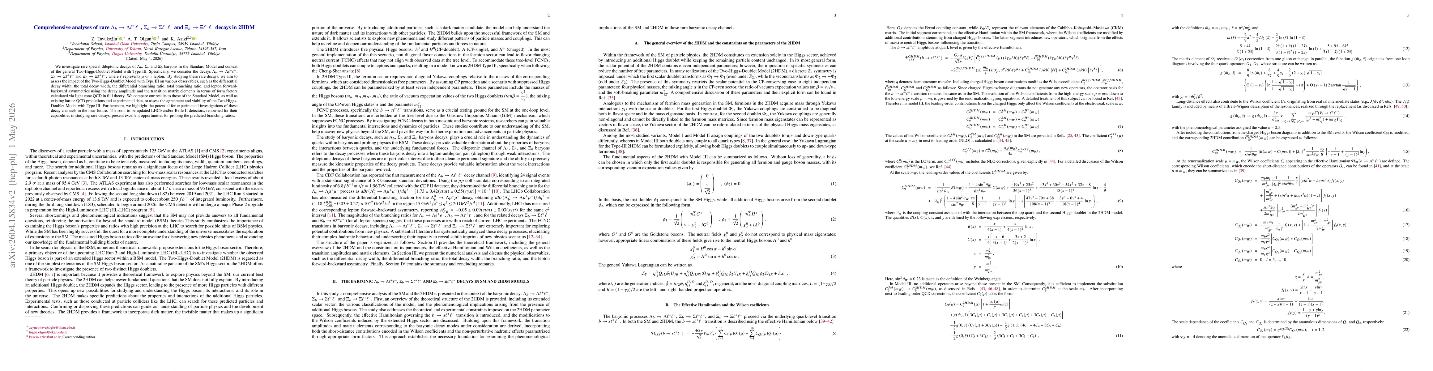 Thumbnail for Comprehensive analyses of rare $ Λ_b \rightarrow Λ\ell^+ \ell^-$, $Σ_b \rightarrow Σ\ell^+ \ell^-$ and $Ξ_b \rightarrow Ξ\ell^+ \ell^-$ decays in 2HDM
