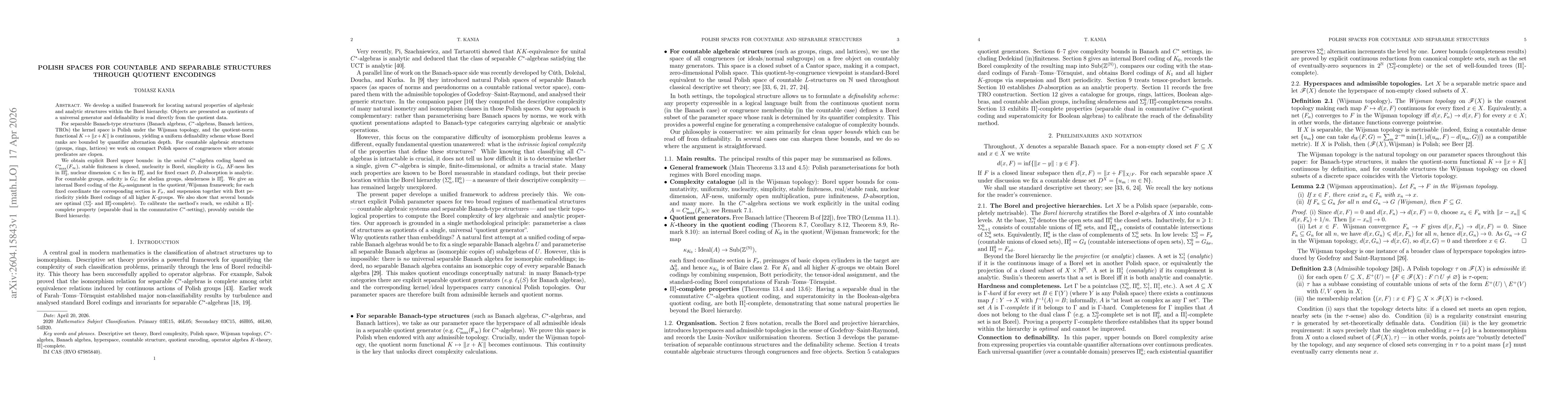 Thumbnail for Polish spaces for countable and separable structures through quotient encodings