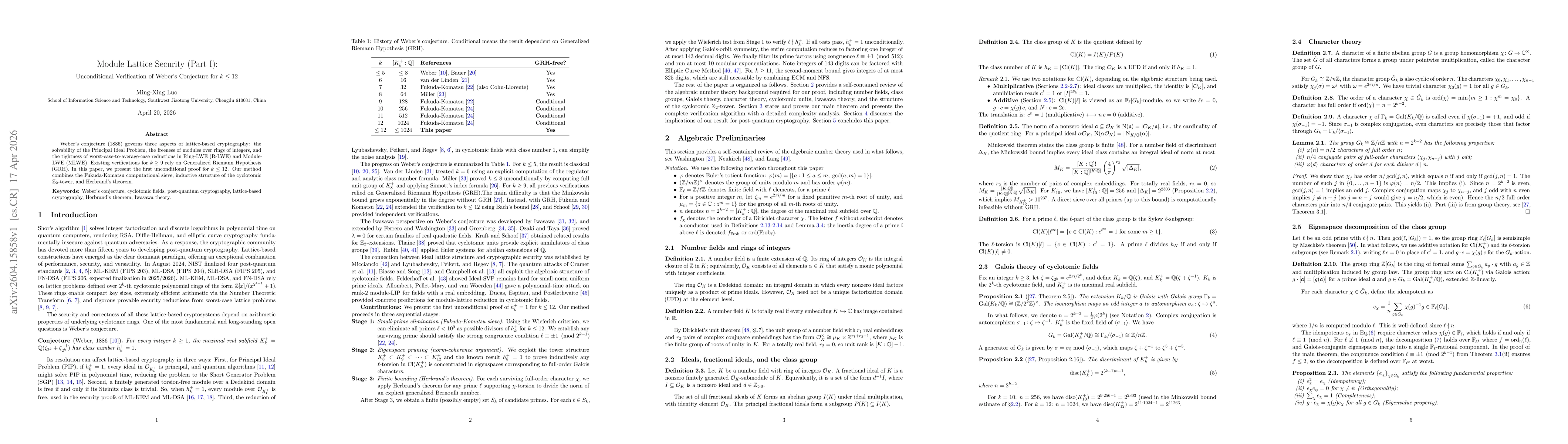 Thumbnail for Module Lattice Security (Part I): Unconditional Verification of Weber's Conjecture for $k \le 12$