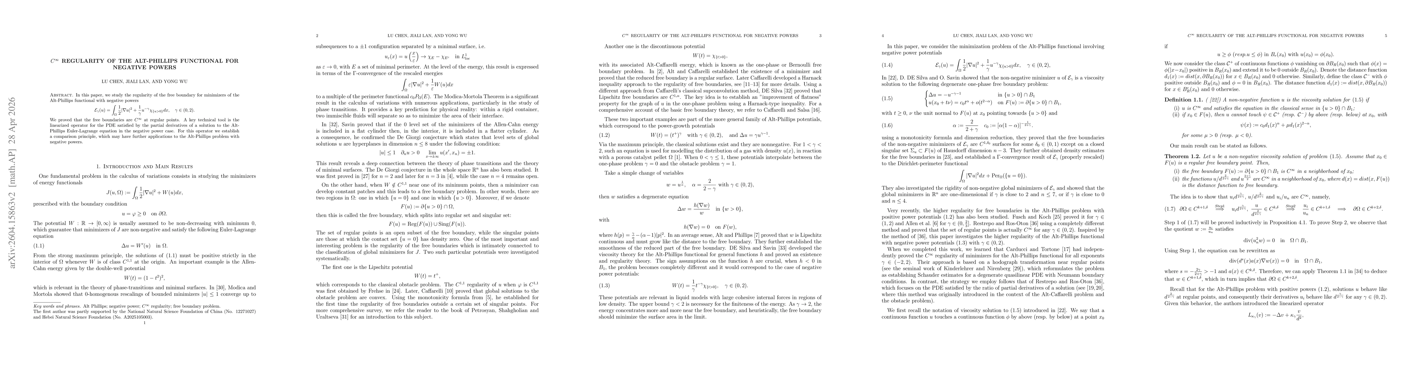 Thumbnail for $C^{\infty}$ regularity of the Alt-Phillips Functional for negative powers