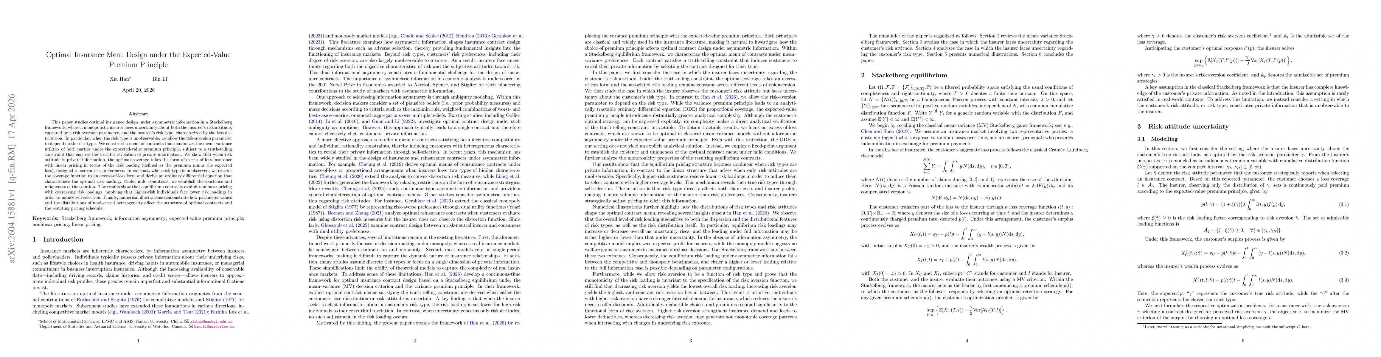 Thumbnail for Optimal Insurance Menu Design under the Expected-Value Premium Principle