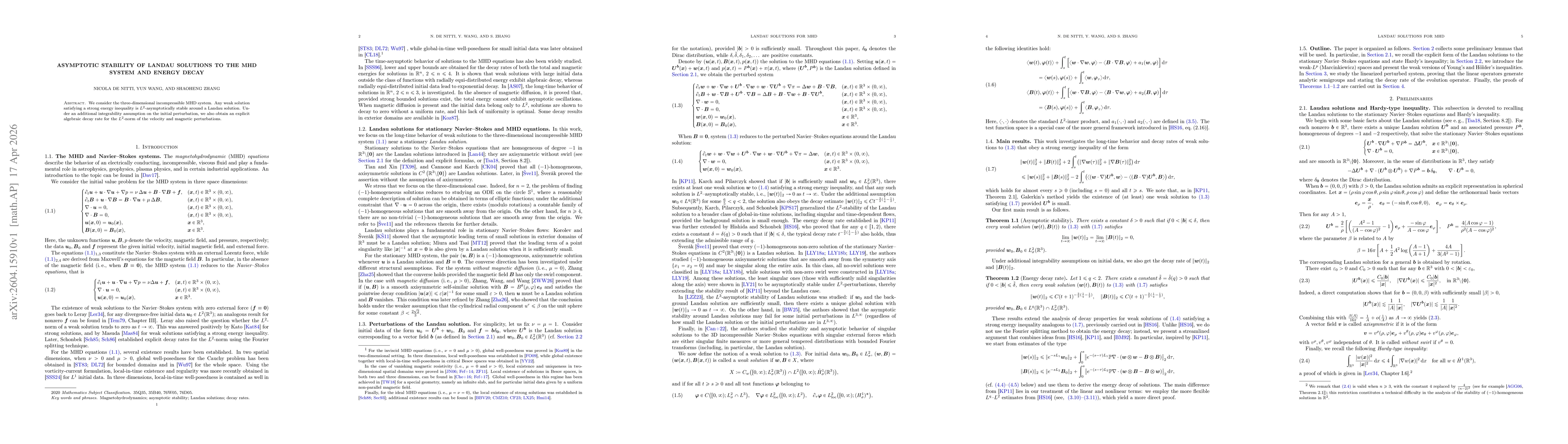 Thumbnail for Asymptotic stability of Landau solutions to the MHD system and energy decay